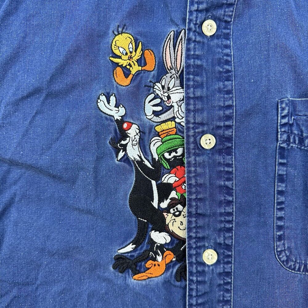 Vintage 90s Looney Tunes Shirt Men XS Blue Chambray Tweety Warner Bros Studio - Picture 3 of 14